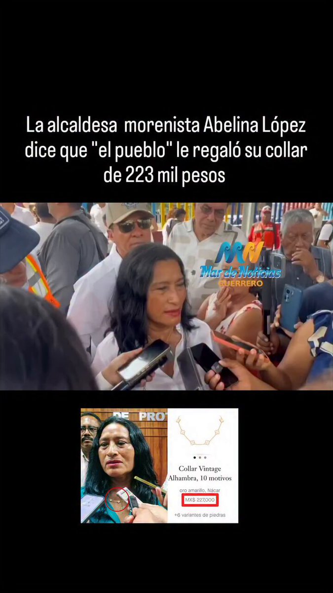 Dice la alcaldesa Morenista Abelina López que "el pueblo" le regaló su collar Van Cleef de 223 mil pesos, y como les va a decir que no. 🤷🏽‍♂️ El pueblo mexicano es tan rico, que hasta tiene para pagarle su vida de rico a sus alcaldes...