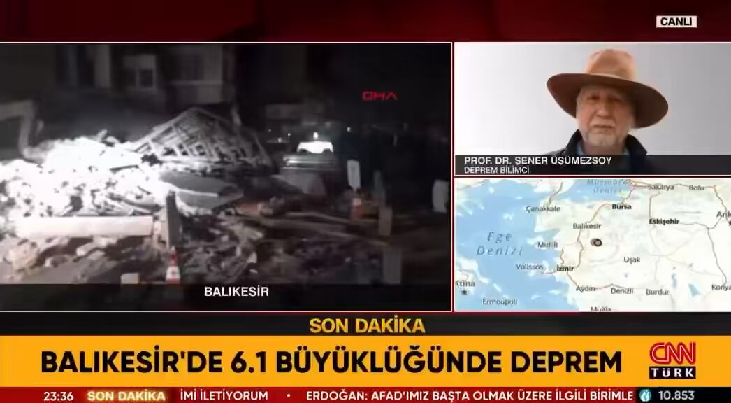 🔴CNN Türk’e bağlanan Prof. Dr. Şener ÜŞÜMEZSOY : (Balıkesir depremi hk.) Kimse Simav, Sındırgı demezken bahsettik. Ben kimseye evinize girin demem. Ben orda olsaydım evim sağlam olsaydı girer yatardım. #deprem