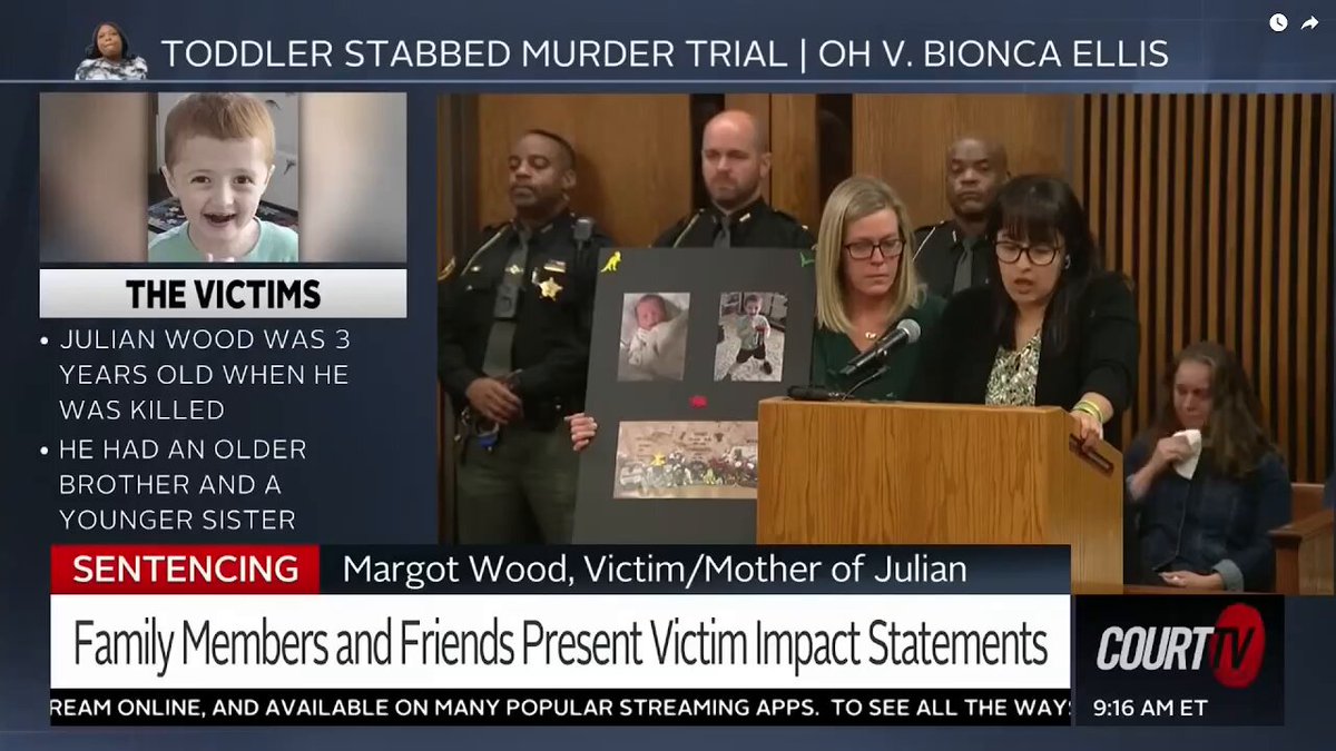 Ohio woman Bionca Ellis has been sentenced to life without parole for the murder of 3-year-old Julian Wood in a random stabbing attack in a grocery store parking lot. Julian's mother Margot gave a DEVASTATING victim statement: "That woman murdering my son replays in my head every single day. It is my living nightmare." "I watched him take his first breath when he was born and his last when he died in my arms, covered in blood." "The last thing I will ever hear from my son is his scream and the sound of his pain and fear before he was gone. I can still see the terror in his eyes, and it haunts me every day." "I hate you with every fiber of my being." "Just because you have a mental illness doesn't mean you can use that to justify the murder of my son. What you did was unforgivable." "You don't deserve a second chance. You don't deserve mercy; you didn't give my son any."