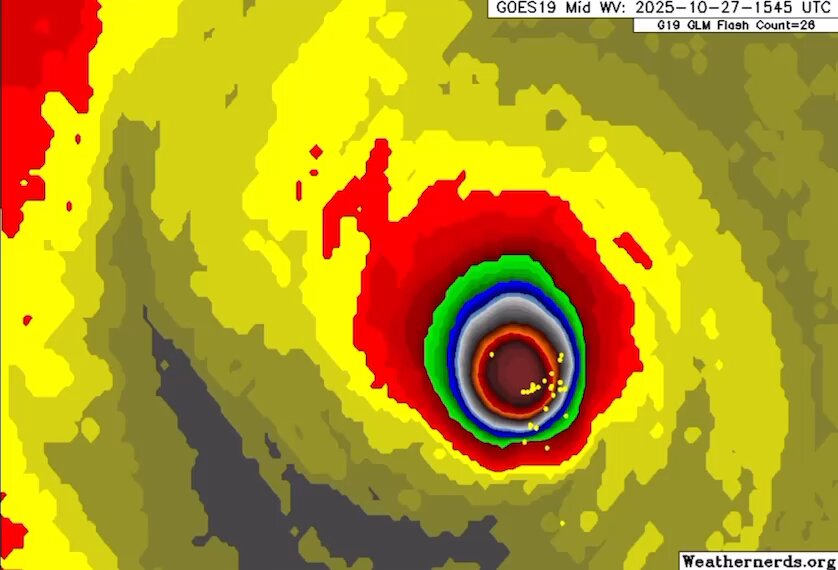 Hurricane Melissa has shattered the global record for the DRIEST storm eye ever observed, surpassing Super Typhoon Meranti (2016). The NHC is now warning that the eyewall’s destructive winds may cause “total structural failure, particularly in higher elevations, leading to widespread infrastructural damage, prolonged power and communications outages, and isolated communities” in Jamaica. The immense detonations of lightning throughout Melissa’s 175 MPH eyewall indicate that intensification is STILL somehow ongoing. The next recon flight into this CATEGORY 5 sawblade could be historic.