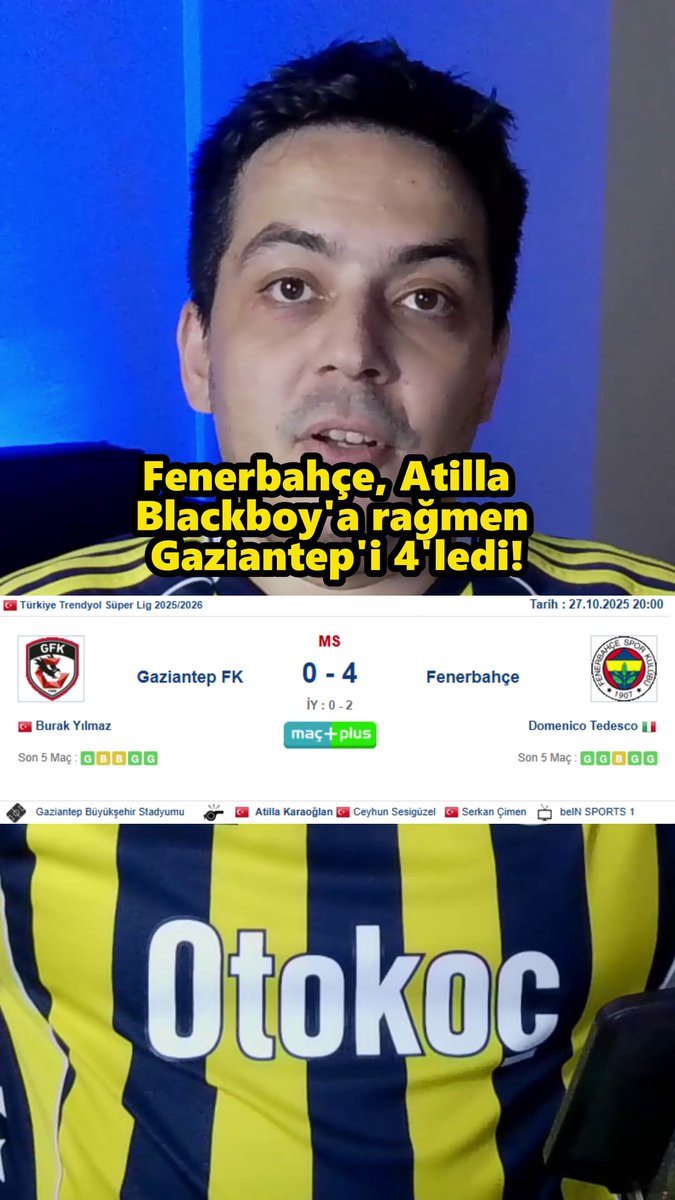 Fenerbahçe, Atilla Blackboy'a rağmen Gaziantep'i 4'ledi Alanya ve Kasımpaşa maçlarında alınan beraberlikleri telafi etmek için BJK ve GS'yi yenmek zorundayız. tabii bu maçları Okan Buruk'un çok güvendiği, GS'nin muhtaç olduğu yerli hakemler değil, yabancı hakemler yönetmeli!