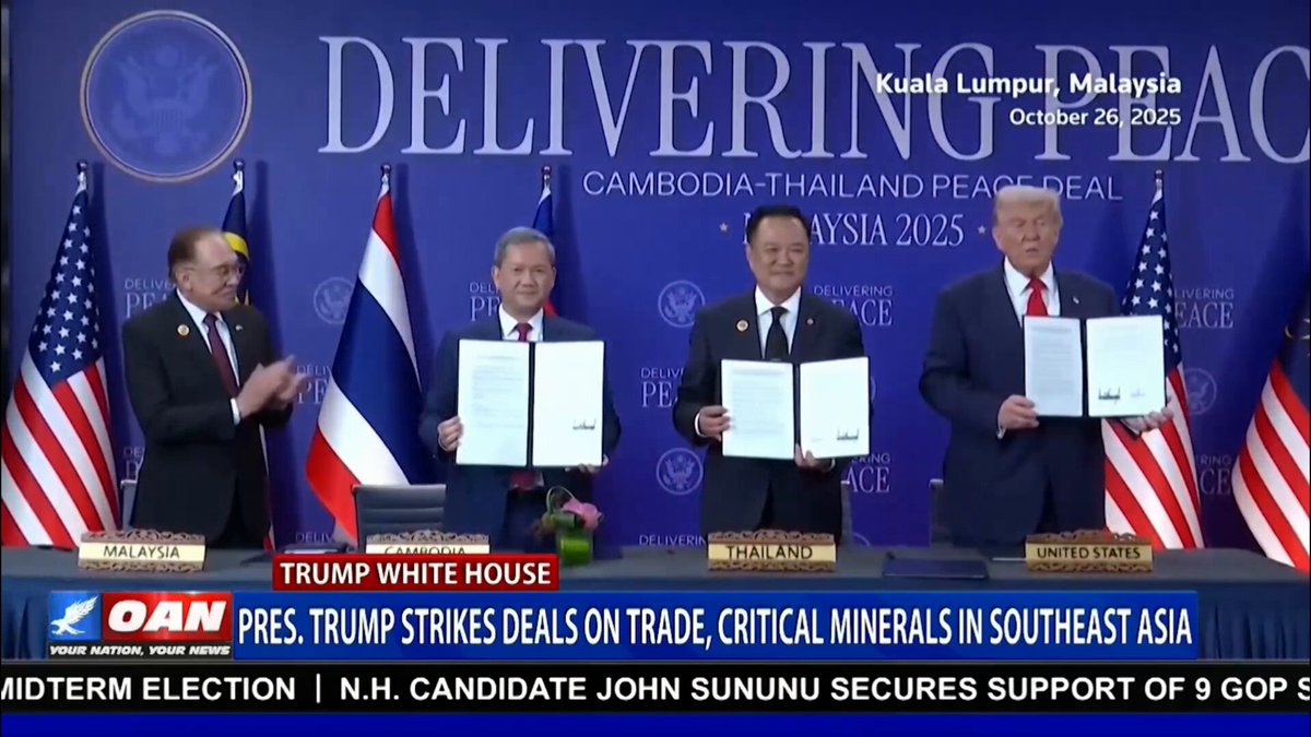 President Trump signs major trade and critical minerals pacts in Asia aimed at safeguarding supply chains for U.S. defense and tech sectors. The deals with Malaysia, Thailand, Cambodia, and Vietnam come as Beijing imposes stricter limits on rare earth refining. Subscribe to OAN Live Here: