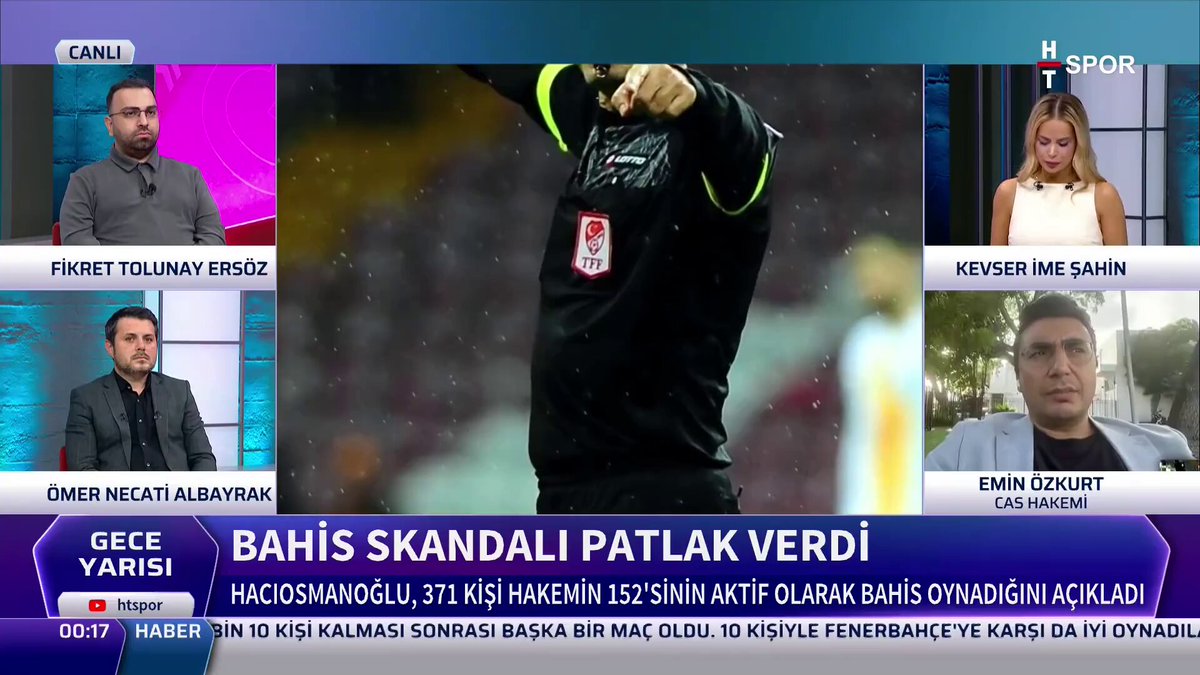 📺 Gece Yarısı 🎙️ Cas Hakemi Emin Özkurt: Büyük, kapsamlı bir soruşturma. Faal hakemlerimizin %65’ini kapsıyor. Herhangi bir ligde faaliyet yürütemez hale gelmesine sebep olabilecek bir sayı.