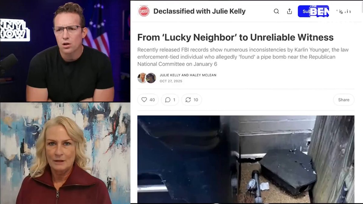 Julie Kelly just snapped my brain with her reporting on the January 6th Pipe Bomber. Did you know that the lady who 'discovered' the bomb at the RNC perfectly described the FBI Pipe Bomber who allegedly placed the bombs the NIGHT BEFORE? Not only that but the woman who claims to have ‘found’ the RNC pipe bomb: -Had law enforcement ties. -Has a counter-terrorism background. -Gave a perfect “law enforcement-like” description of the bomb despite only seeing it for a few seconds. -Changed her story multiple times when she spoke to the FBI. -Story contradicts FBI’s claim that the bombs were planted the night before. If we get to the truth of who is behind the pipe bombs, the whole January 6th hoax unravels…