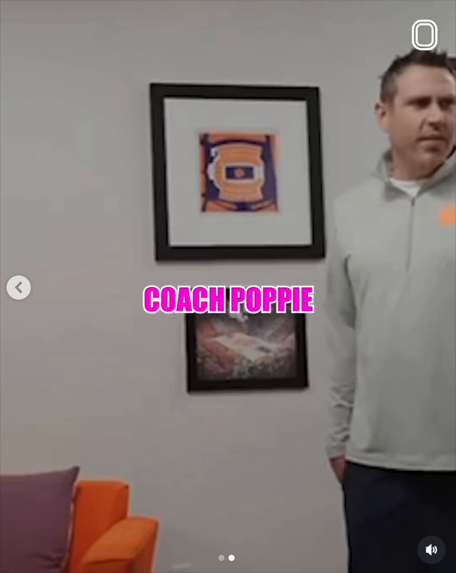 Five-star 2026 recruit Trinity Jones posted to Instagram a video of her surprising Clemson coach Shawn Poppie with her commitment. AD Graham Neff was in the office, as well.