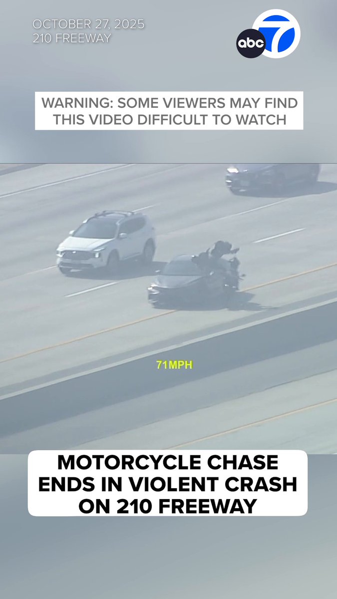 Warning: This video may be difficult to watch. A dangerous, high-speed motorcycle chase ended in a violent crash on 210 Freeway lanes, where the motorcycle and a vehicle collided, sending the suspect flying off his bike. The suspect, who was seen during the pursuit holding what appeared to be a gun, was taken by helicopter to the hospital.