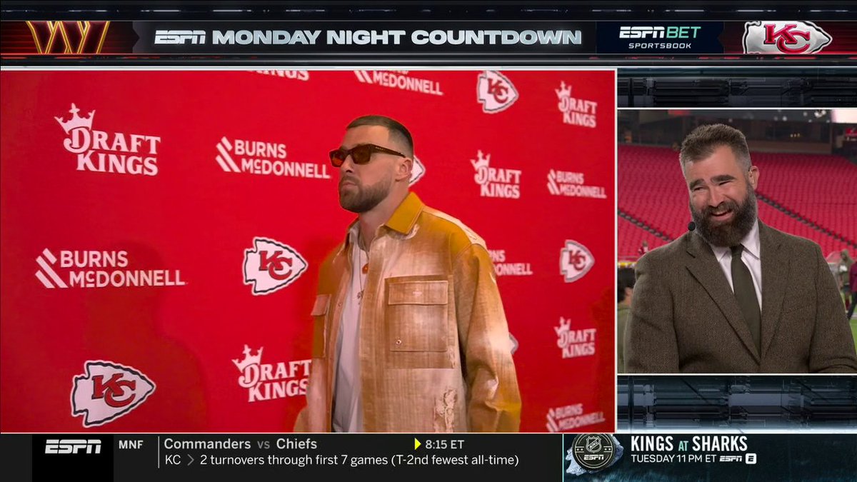 "Does [Travis] wear anything twice?" - Scott Van Pelt "I think it's usually once. ... But I wear a lot of his stuff twice." - Jason Kelce 😂 Watch Commanders-Chiefs at 8 ET on ESPN and the ESPN App ➡️