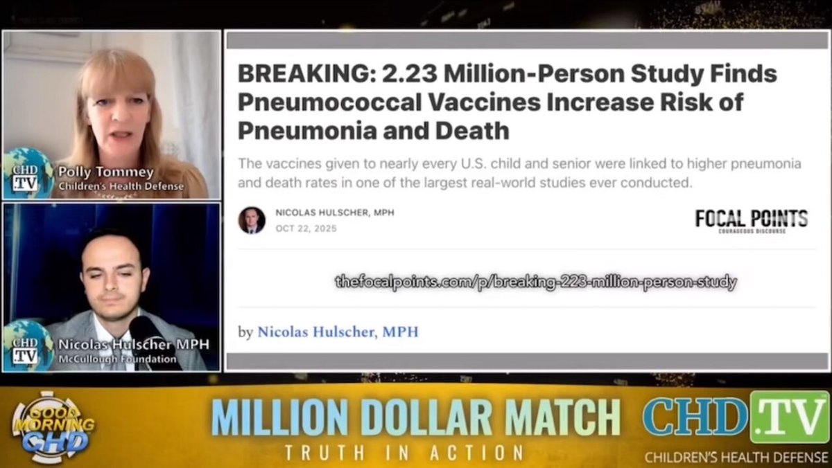 “This is a disaster.” Nicholas Hulscher breaks down what he calls one of the most alarming vaccine studies yet — a 2.23 million person analysis on pneumococcal shots showing they may increase the very risks they’re meant to prevent. Nicholas Hulscher: “This appears to be the largest real-world study ever done on the pneumococcal vaccines.” “Children in the U.S. are advised to get four doses of a pneumococcal vaccine, and adults over 65 are also recommended to get one.” “The study looked at PCV13 and PPSV23 — the same vaccines given to kids and older adults.” “Compared to those who did not receive the vaccines, those who did faced about an 80% increased risk of pneumococcal pneumonia and a 91% increased risk of death from pneumonia.” “So it does the complete opposite… and we’re just pumping babies and older adults with this garbage.” Nicolas Hulscher, MPH