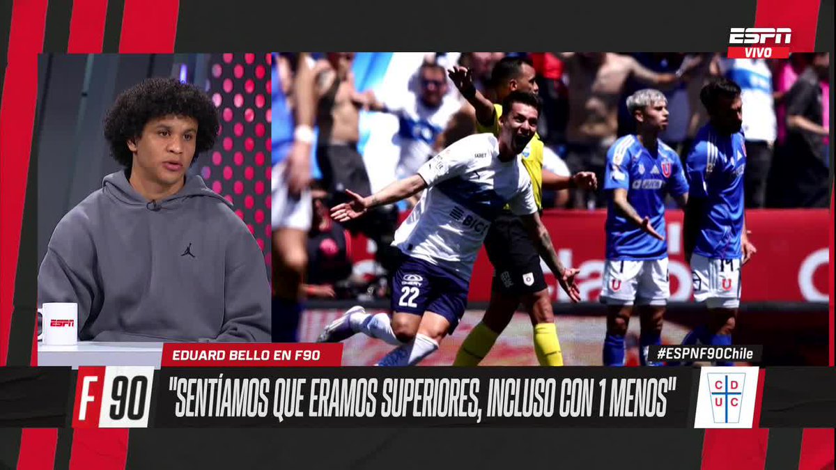 "LA PERCEPCIÓN QUE TENÍAMOS EN CANCHA ES QUE ÉRAMOS SUPERIORES A LA U A PESAR DE TENER UN JUGADOR MENOS" Eduard Bello, ariete de Universidad Católica, analizó la victoria ante Universidad de Chile en el Claro Arena. ▶️ Mira #ESPNF90Chile en el Plan Premium de #DisneyPlus.