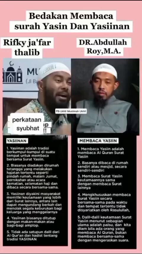 Kalo belum tahu #subhat, maka ini adalah contohnya. Masalah baca Yasin aka #Yasinan di malam Jum'at itu, dalilnya ya kalo tidak hadits dhoif ya PALSU! Tetapi sebagian du'at, melakukan retorika. Seolah2 #Yasinan itu bagus. Dengan alasan ini &amp; itu!