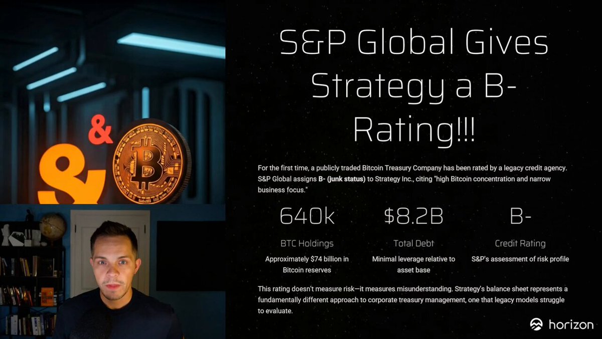 🚨BREAKING: STRATEGY GETS B- CREDIT RATING FROM S&P GLOBAL🚨 S&P Global just gave Strategy, the first Bitcoin Treasury Company, a B- credit rating. That’s the same rating they give to bankrupt car rental companies and debt-soaked airlines. Strategy holds 640,808 Bitcoin. Roughly $74 billion in transparent, self-verifying collateral. JetBlue burns cash. Hertz burns cars. Strategy holds Bitcoin. Same rating. In this video, I break down why this isn’t just a bad rating, it’s a historic failure of legacy finance to understand digital solvency. The rating model didn’t expose Strategy’s risk. It exposed theirs. That said, this is an INCREDIBLE WIN for Strategy and Bitcoin as a whole. PRECEDENT is important, and now we get to watch the climb up. Welcome to the moment when credit agencies got graded by reality: