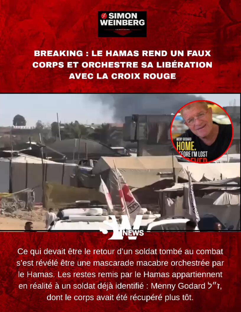 🔴🇮🇱 | ISRAËL > Une hallucination totale. Le Hamas rend un faux corps : manipulation, trahison, escalade. Une nuit dramatique en Israël. Ce qui devait être le retour d’un soldat tombé au combat s’est révélé être une mascarade macabre orchestrée par le Hamas. Ce qui s’est passé est glaçant. 1️⃣ Hier, secteur de Shehjaya (est de Gaza), ligne jaune. Des réservistes de Tsahal repèrent via drone : Un tracteur creuse une fosse. Des hommes du Hamas y déposent un corps. Ils recouvrent la tombe. Puis rappellent la Croix-Rouge pour… “la découverte” 🎥 Toute la scène est filmée par drone. Une mise en scène. 2️⃣ Ce corps ? Selon les premières analyses israéliennes, ce n’est pas celui d’un des 13 soldats portés disparus. Les restes remis par le Hamas appartiennent en réalité à un soldat déjà identifié : Menny Godard ז״ל, dont le corps avait été récupéré plus tôt. C’est une violation flagrante des engagements pris dans le cadre des accords de cessez-le- feu et humanitaires avec la complicité de la croix rouge. ➡️ Le Hamas a recyclé un cadavre, mis en scène une “fouille” devant témoins, et livré un faux corps pour gagner du temps ou manipuler les opinions. Une tactique sordide, non pas surprenante, mais révélatrice. 3️⃣ Dans la nuit, le Premier ministre a convoqué une réunion sécuritaire d’urgence. Objectif : Examiner la trahison du Hamas. Décider d’une riposte militaire ou diplomatique. Clarifier la doctrine sur les échanges et la restitution des corps Ce qu’il faut comprendre : 👉 Si le Hamas agit ainsi pour un corps, Imaginez ce que vaudra une promesse de désarmement. Le Hamas ne rendra jamais les armes volontairement. Il ne renoncera pas à son emprise, ni à ses tunnels, ni à sa terreur. Cette affaire le prouve encore : Le Hamas n’est pas un acteur politique. C’est une organisation palestinienne terroriste qui instrumentalise les morts Qui manipule les ONG, la Croix-Rouge, et l’opinion publique. La guerre n’est pas terminée. Et personne d’autre que Tsahal ne peut l’achever. 🕯 Menny Godard ז״ל Son nom est réutilisé par ses assassins pour une mise en scène cynique. Honte à ceux qui relaient sans vérifier. Honneur à ceux qui combattent pour la vérité.