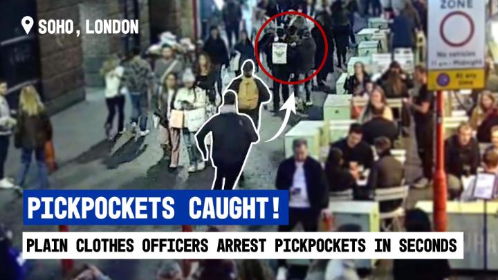Caught in the act | Pickpockets caught red-handed in Soho. Plain clothes officers intervened immediately, arresting both suspects - who have since received custodial sentences. Our efforts are resulting in 1000 more arrests of criminals per month compared to last year.