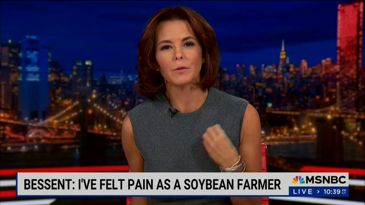 Q: Treasury Secretary Bessent said he too felt the pain because he himself is a soybean farmer. What he actually means is he collects rent on farmland that he owns. What did you make of that? Soybean farmer: It's very obvious that we've got another Republican who's all hat and no cattle. The American people know that and they can see through it.