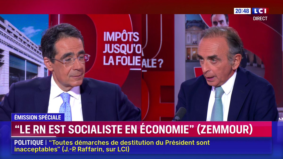 Avec le RN, "on est d'accord sur l'arrêt de l'immigration mais on n'est pas d'accord sur l'attitude à avoir par rapport à l'islamisation du pays (...) En économie, ils ont, au RN, une vision sociale étatiste de l'économie, pas moi", Eric Zemmour ▶️ Darius Rochebin