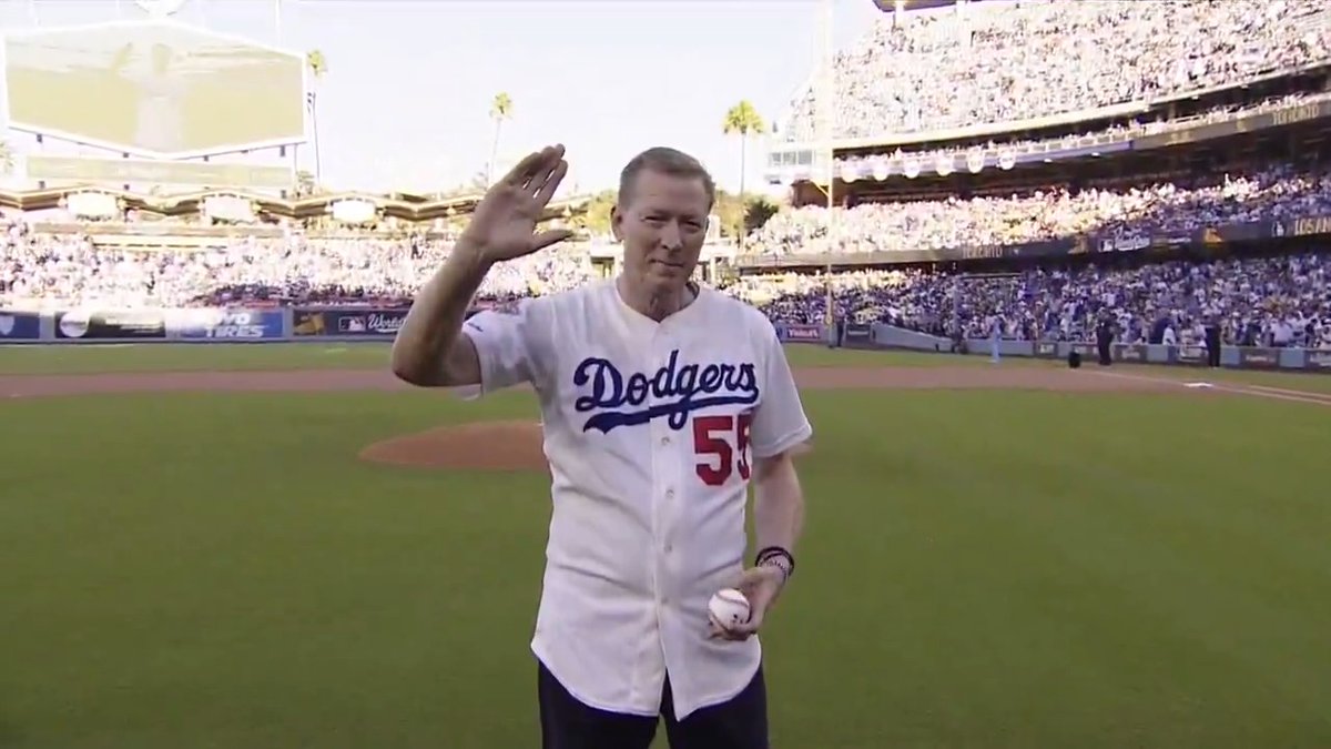 Dodgers legend Orel Hershiser tosses out the first pitch prior to #WorldSeries Game 4!