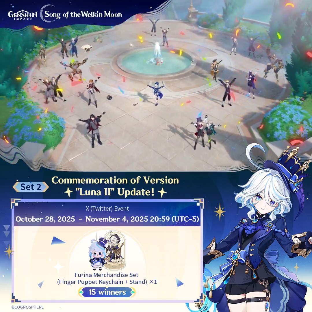 ✨Set 2✨ Commemoration of Version "Luna II" Update 🎁Participate in the event for a chance to win official merchandise. How to Participate: ① Follow Genshin Impact ② Repost this post You can instantly check the event results: #GenshinImpact