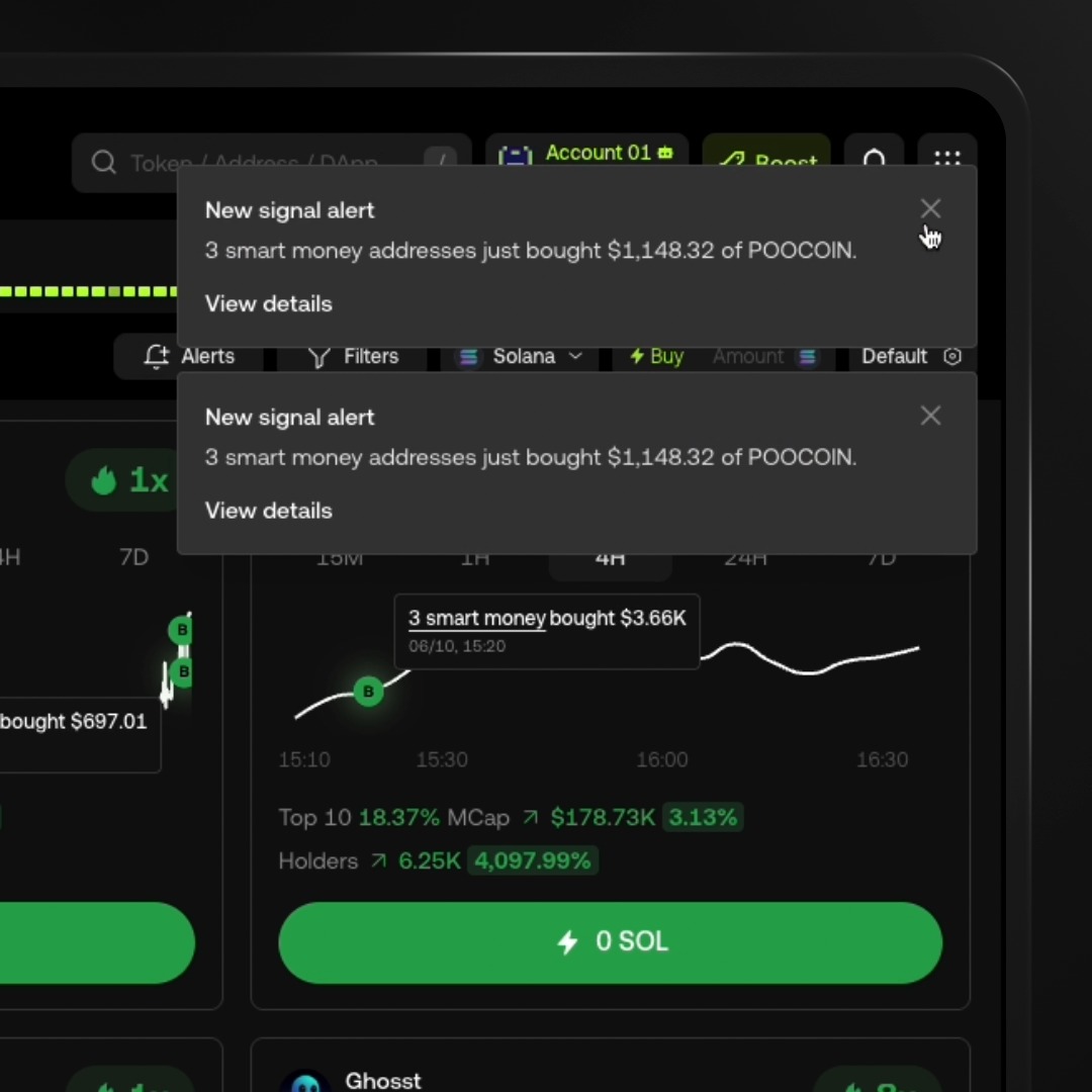 Your alpha feed just leveled up ⬆️ Signal shows what smart money is buying right now: • Buy alerts with timestamps • 24H heatmap of wallet flows • Filter by smart wallets, whales &amp; influencers • "Gems of the Day" shows top tokens See the moves: