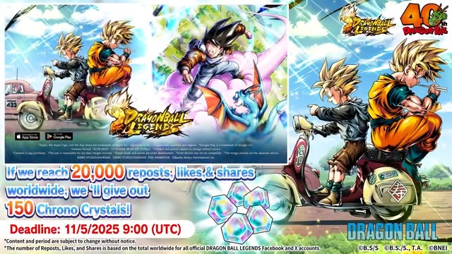 ◤Social Media Campaign◢ We're celebrating the release of new characters with a social media campaign! We're giving away 150 Chrono Crystals if this post reaches 20,000 likes, shares, and reposts worldwide! Ends: 11/5 09:00 (UTC) (Sched.) #DBLegends #DragonBall