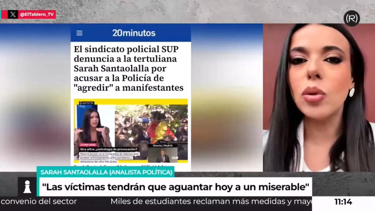 El sindicato policial SUP ha denunciado a la periodista Sarah Santaolalla por hablar del doble rasero de la policรญa ante manifestantes de izquierdas y ante ultraderechistas Hablamos de ello con la propia Sarah Santaolalla. โ ๐๐ฝ ๐บ EL TABLERO |