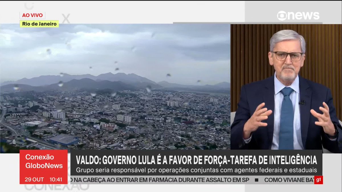 .Valdo Cruz apurou que o governo Lula é a favor de uma força-tarefa de inteligência para montar operações conjuntas entre União e estado contra o crime organizado, mas não de um decreto de Garantia da Lei e da Ordem (GLO) para assumir o comando da segurança no Rio.