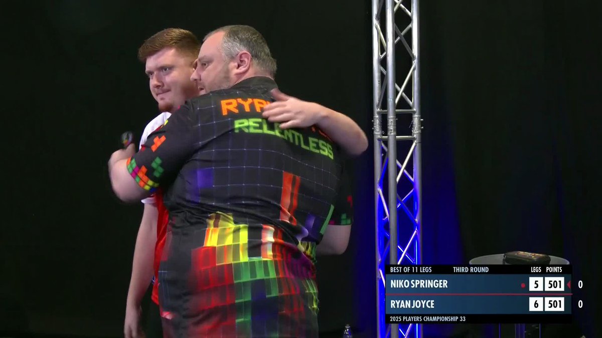 RELENTLESS FROM JOYCE! Terrific contest! Ryan Joyce fires in a 12-dart hold to complete a deciding-leg victory over Niko Springer, with all 11 legs going with throw! 📺 #PC33