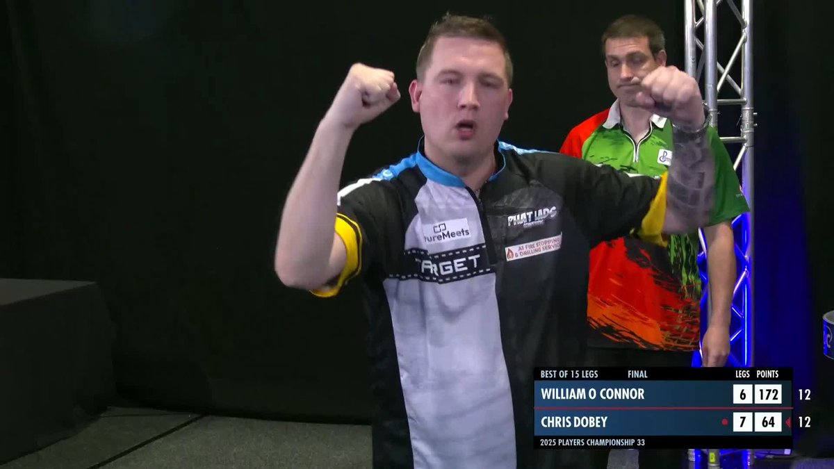 DELIGHT FOR DOBEY! 🏆 Chris Dobey wins Players Championship 33 in Wigan! The Bedlington star defeats William O'Connor 8-6 to clinch his third Players Championship title of the year, which confirms his place in next month's Grand Slam of Darts! #PC33