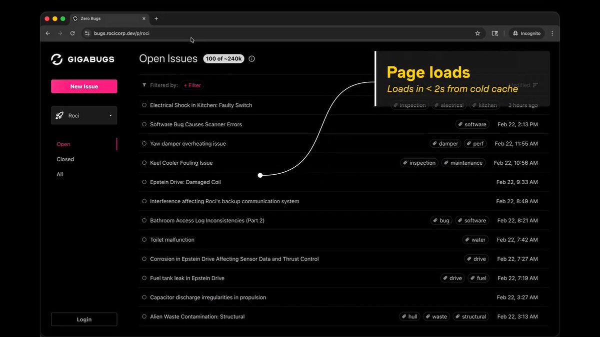 Sync engines enable instantly responsive UI. But the tradeoff is usually slow startup because all data must be pre-loaded. Zero's query-driven sync enables precise control over when data syncs. To demonstrate, we scaled our "zbugs" demo up to 2.5M rows. Introducing Gigabugs:
