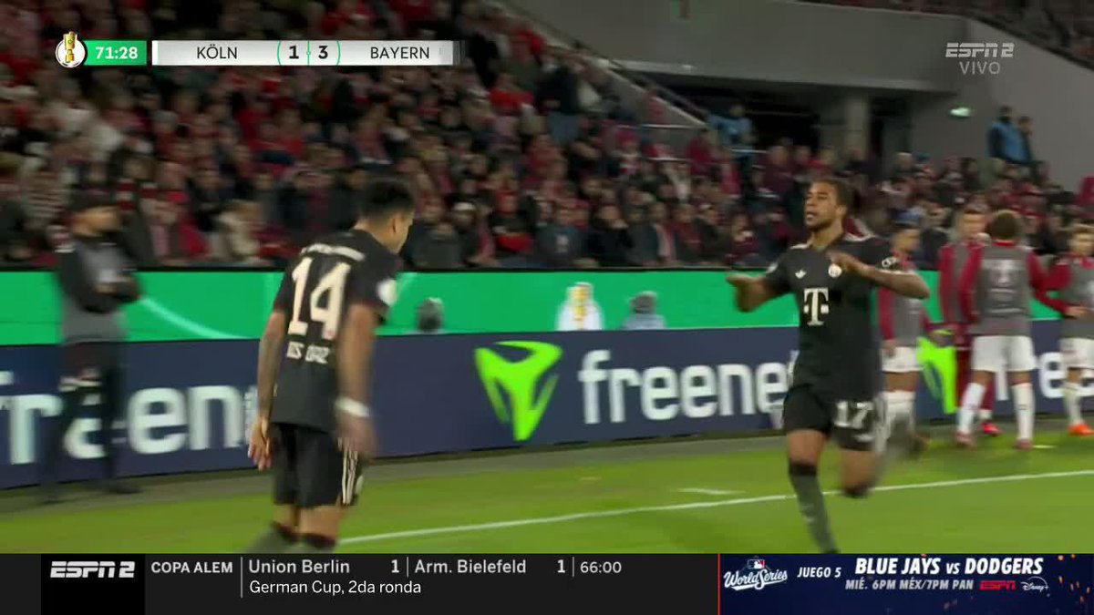 🇨🇴 ASISTENCIA de Luis Díaz. El colombiano la puso para el 4-1 de #BayernMunich en su visita a #Colonia, al 72’ por la DFB-Pokal