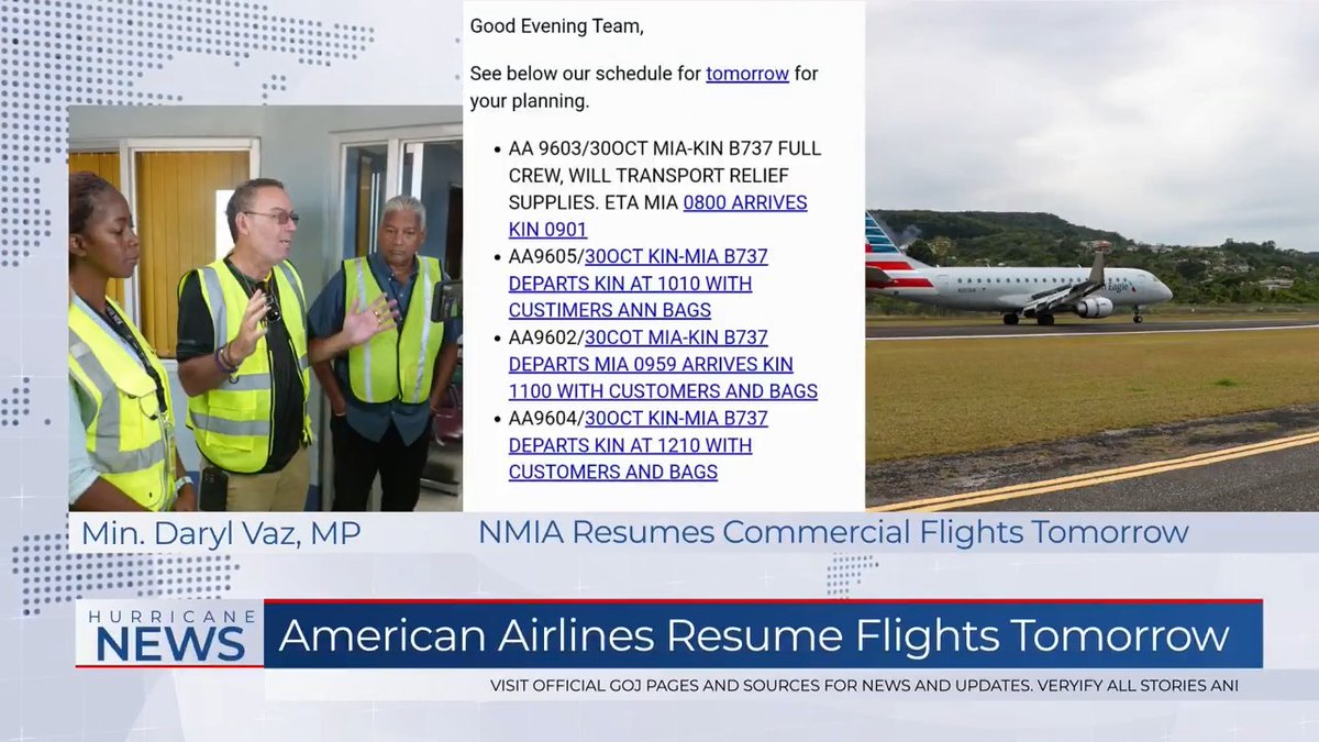 American Airlines will resume flights into Kingston at NMIA tomorrow. 4 Flights have been scheduled so far, with 3 bringing customers and bags and 1 bringing relief supplies. The First Flight Arrives in Kingston 9:01am