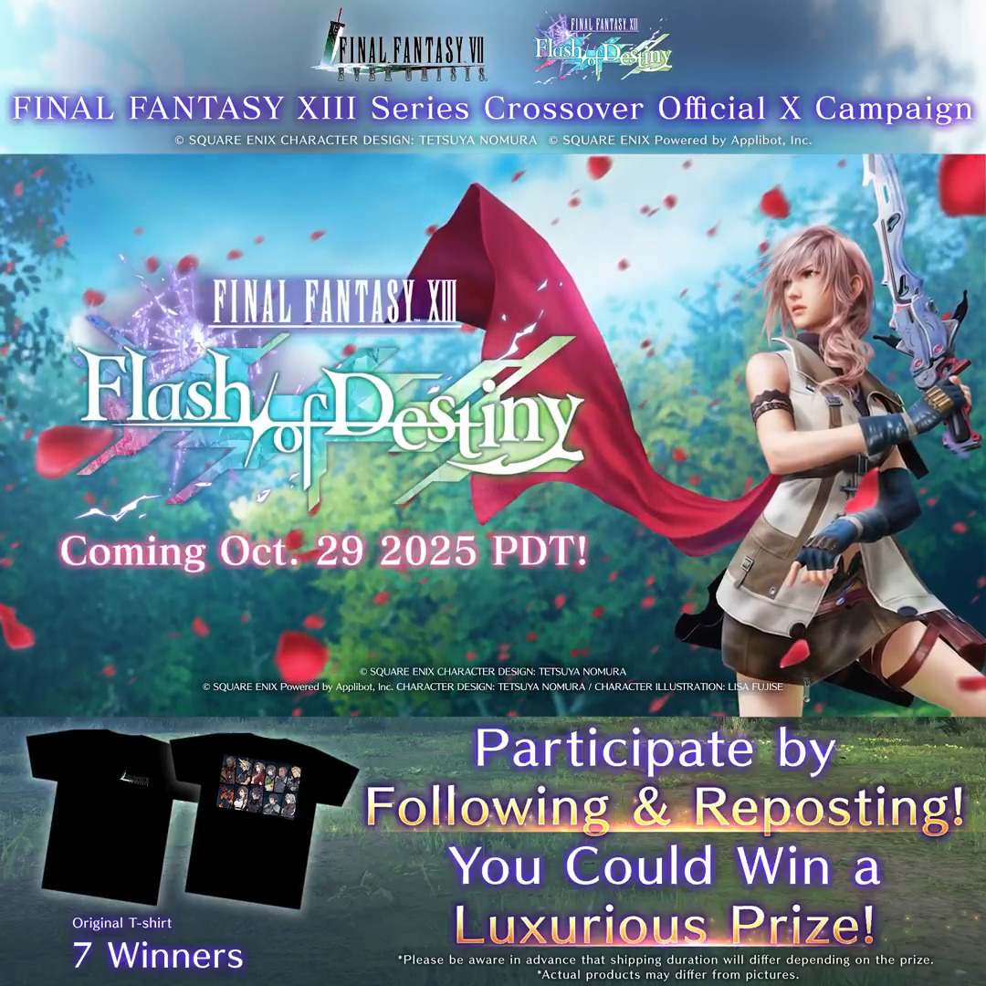 FINAL FANTASY XIII Series Crossover Campaign On Now! To celebrate the FINAL FANTASY XIII Series Crossover, 7 lucky winners will have the chance to receive a T-shirt! Follow and repost this post to enter! Official rules: #FF7EC #FF13