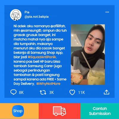 MENANGKAN 1 unit Galaxy Z Flip5! Share video clumsy teman kamu & kasih tau kenapa dia butuh belanja di Samsung Shop App , yang ada proteksi dari Samsung Care+ & FREE + Same Day Delivery When you can get it all, #WhyNotMore? 😉 Cek mekanisme #SquadAntiPanik 👇. Sampai 11 Nov 2025!