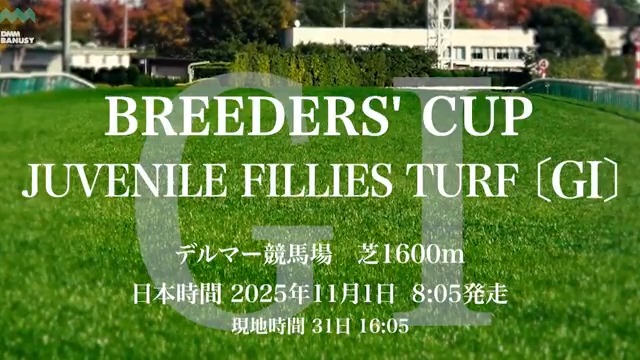 スウィッチインラヴ が 日本時間11月1日(土) 午前8時05分 アメリカ・デルマー競馬場 第8レース ブリーダーズカップ ジュベナイルフィリーズターフ(GI) に挑みます。 レースの前にスペシャル動画をぜひご覧ください! #BanusySpecialMovie #バヌーシー #BC25
