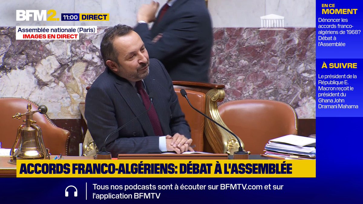 💬 "Vous n'êtes pas au PMU", a lancé Sébastien Chenu, député RN, à Alexis Corbière, député Écologiste et social, après l'adoption à l'Assemblée d'un texte du RN contre l'accord franco-algérien de 1968 #BFM2