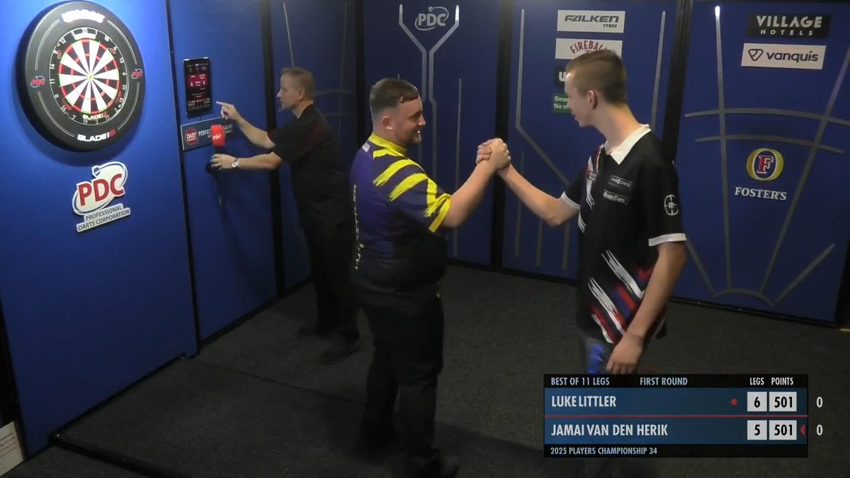 LITTLER WINS THE DECIDER! ☢️ Luke Littler fires in a 12-dart break to defeat Jamai van den Herik in a deciding-leg clash to kick off his #PC34 campaign! 103 average and NINE 180s for the World Champion! 📺 #PC34