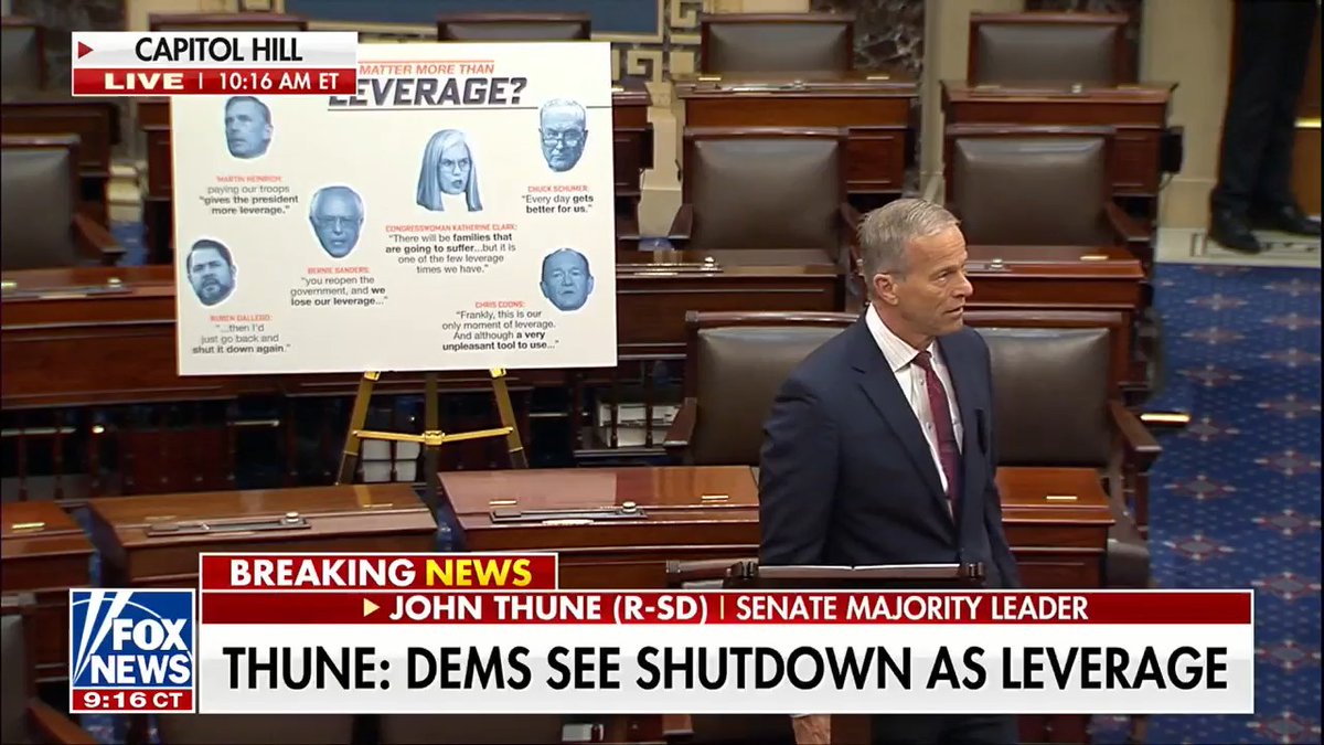 SEN. THUNE: “It’s all about leverage.” “The question is, when are the American people going to matter more than their leverage?” “If there are any Democrats who care about the damage that this shutdown is doing, then I have a bill right there at the desk.”