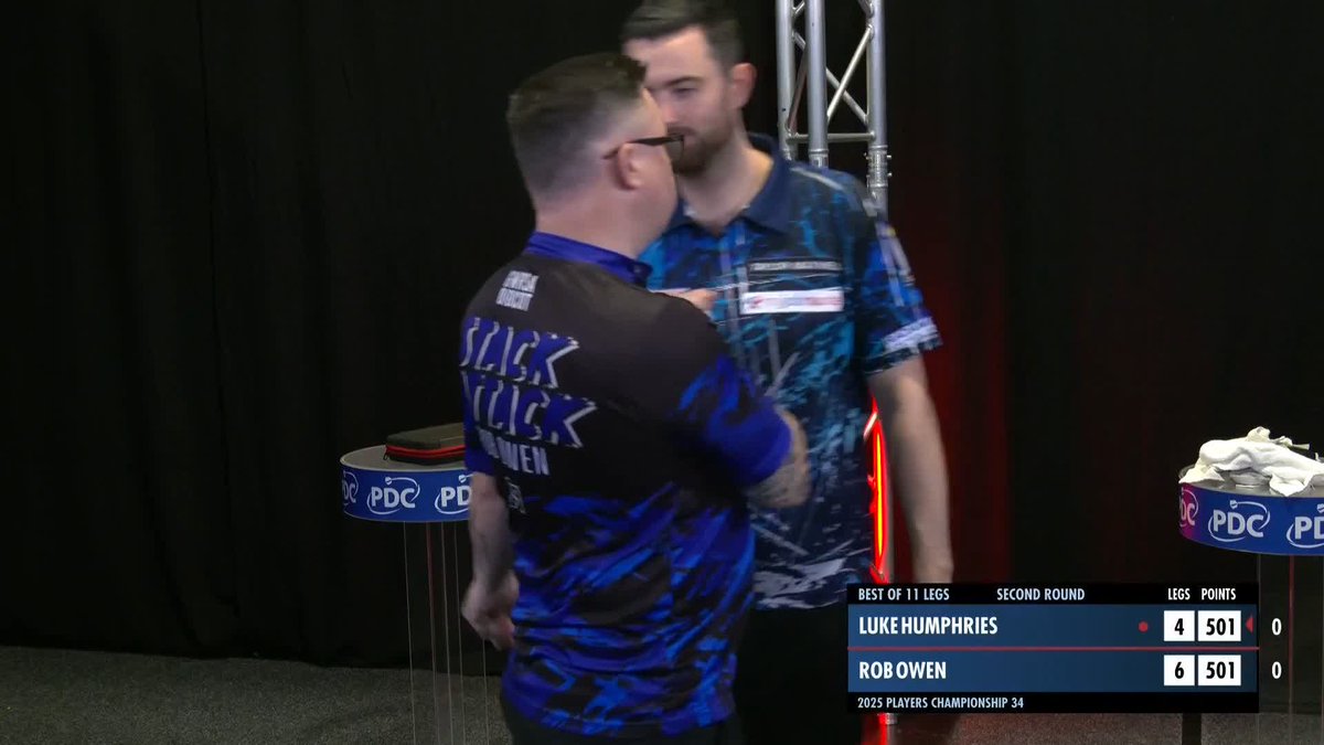 OWEN OUSTS HUMPHRIES! Rob Owen produces a terrific display to defeat world number one Luke Humphries, averaging over 99 to complete a 6-4 victory! Despite that defeat, Humphries has still done enough to secure his spot at Minehead! 📺 #PC34