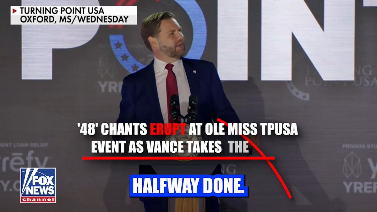 "I don't know what you're saying, but it sounds awesome." Students broke into chants of “48! 48!” as Vice President Vance spoke during a packed Turning Point USA event at Ole Miss, reflecting excitement over the prospect of a future Vance presidency.