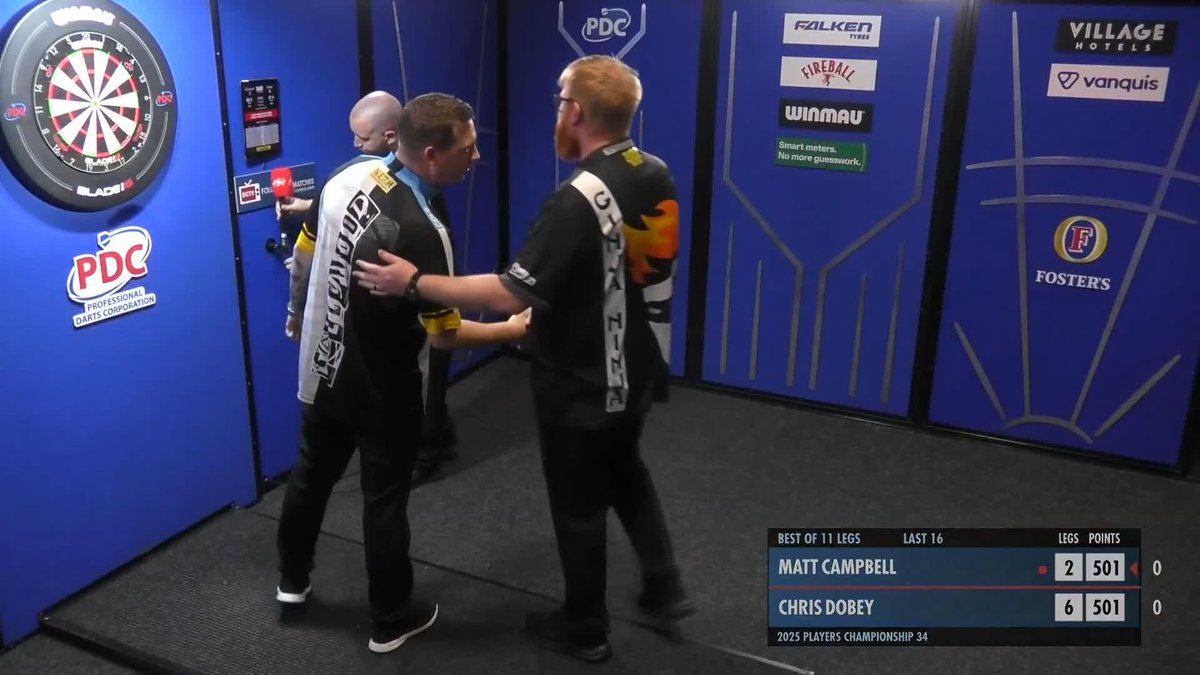 DOBEY DEFEATS CAMPBELL! Chris Dobey seems to like his surroundings here in Wigan, as Hollywood books his spot in the Quarter-Finals once again this week as he beats Matt Campbell 6-2! 📺 #PC34