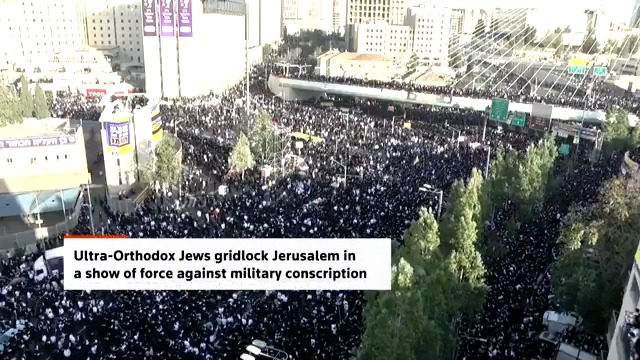 Thousands of ultra-Orthodox Jewish protesters streamed to Jerusalem in a show of force against military conscription, a hot-button issue placing Prime Minister Benjamin Netanyahu's coalition under increasing political strain
