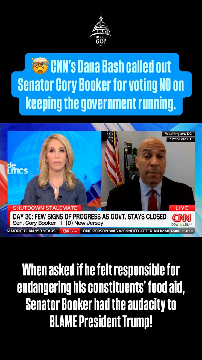 🤯 CNN’s Dana Bash called out Senator Cory Booker for voting NO on keeping the government running. When asked if he felt responsible for endangering his constituents’ food aid, Senator Booker had the audacity to BLAME President Trump! Democrats are BLINDED by their hatred of President Trump.