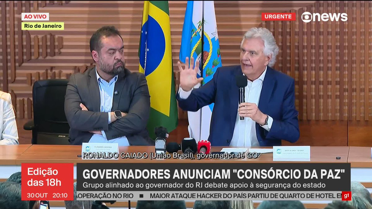 "Se queres a paz, prepara-te para a guerra", diz governador de Goiás, Ronaldo Caiado (União Brasil), ao anunciar Consórcio da Paz ao lado de governadores no Rio de Janeiro. ➡️Assista à #GloboNews ao vivo: #Edição18