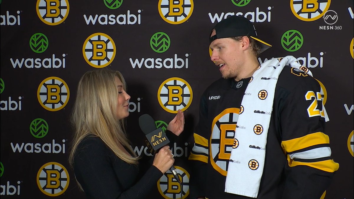 New dad Hampus Lindholm caught up with Sophia Jurksztowicz following the OT win: "I think I had an hour and a half sleep... worked through it... focus has been on Amanda and little baby Magnolia... nice to get the win for them..." 👨🍼🥹