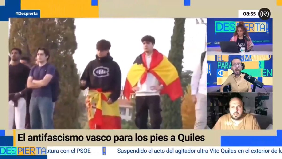 "Las pequeñas demostraciones de fuerza de la minoría facha que hay en la juventud son un hobby cayetano, no es un movimiento político" Pablo Echenique sobre el fallido show de Vito Quiles en Pamplona 👇🏽 📺 DESPIERTA!