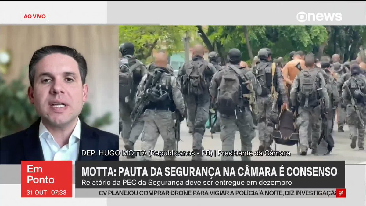 O presidente da Câmara dos Deputados, Hugo Motta (Republicanos-PB), afirmou que a PEC da Segurança deve ser votada ainda neste ano e que o projeto que equipara as facções criminosas a terroristas também será tratado com urgência na Casa.