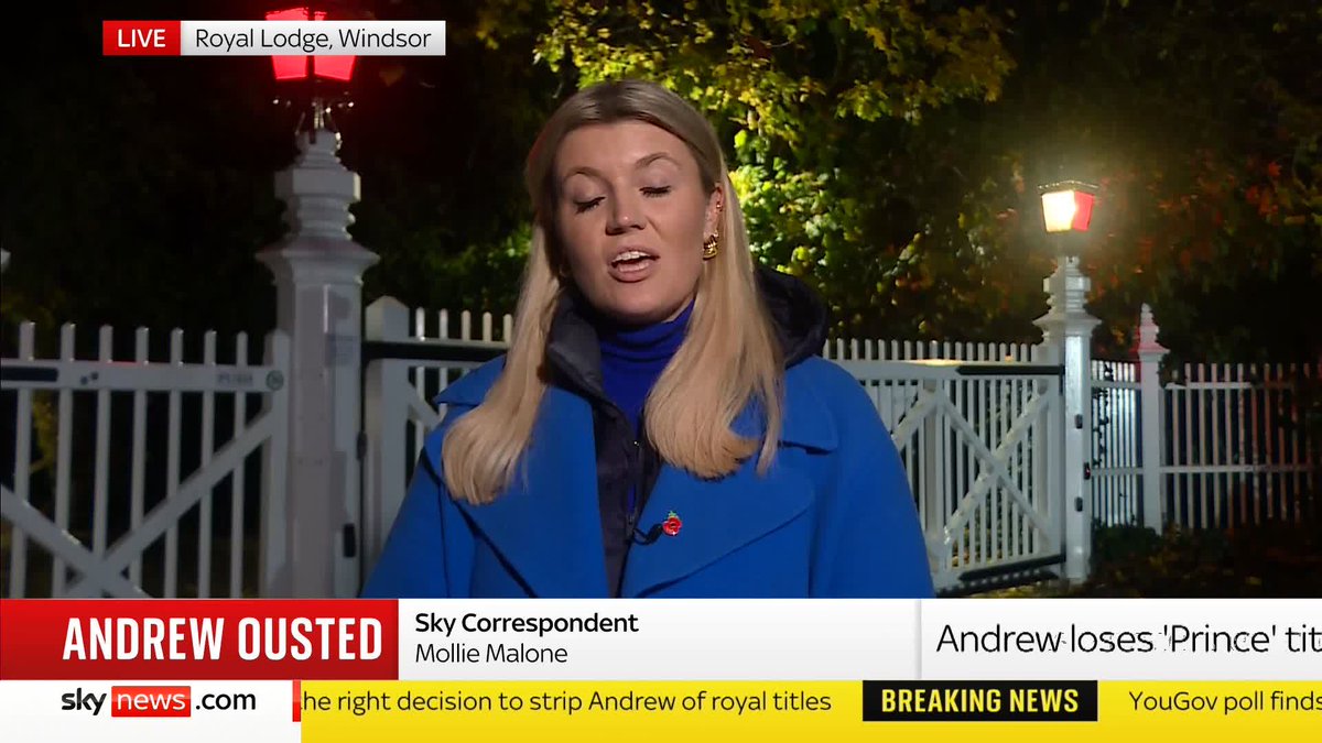 'The King's actions have been radical and in the last 24 hours they've come at speed' Sky's Mollie Malone reports from outside Windsor's Royal Lodge on the King's decision to strip Andrew of his royal titles ⬇️ Andrew latest 🔗 📺 Sky 501 and YT