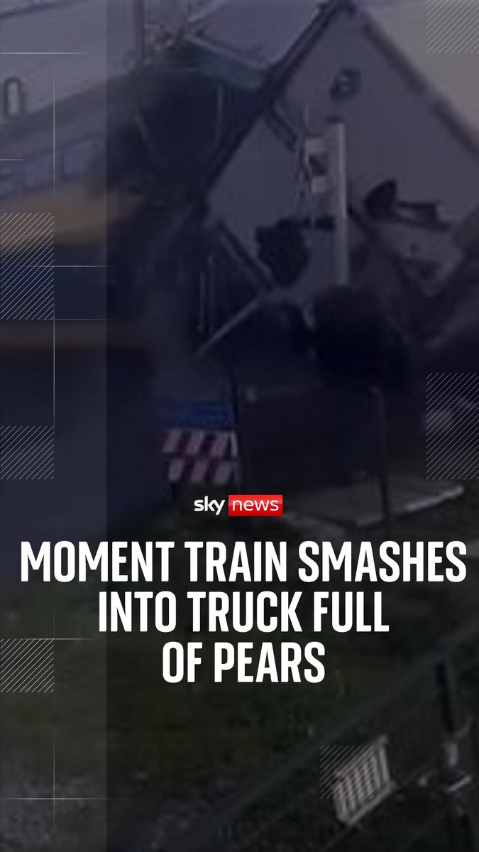 Moment train smashes into truck full of pears at crossing in the Netherlands Five people sustained minor injuries, including the truck driver and train passengers, according to a local safety authority.