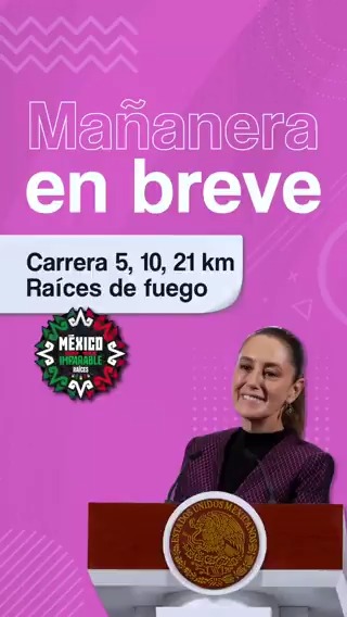 La #MañaneraEnBreve de la presidenta Claudia Sheinbaum Pardo: 🏃🏻‍♀ México Imparable: carrera "Raíces de fuego" en Ciudad de México. 🏋🏻‍♀ Centros de alto rendimiento comunitario. 🏡 Entrega de segundo apoyo a familias afectadas por lluvias.