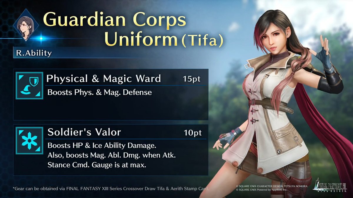 Check out Tifa's Guardian Corps Uniform (Tifa)! Get this Tifa-Exclusive Gear from FINAL FANTASY XIII Series Crossover Draw Tifa &amp; Aerith on the Stamp Card! #FF7EC #FF7EverCrisis #FF7 #FF13