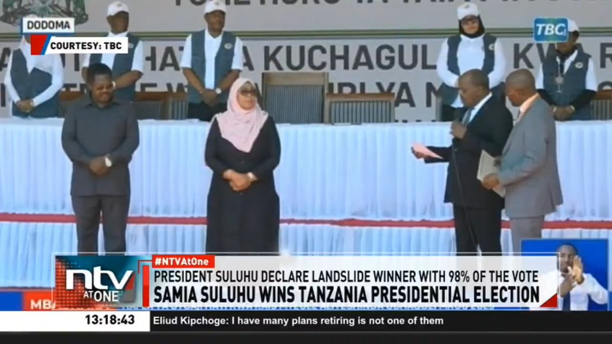 Tanzania’s Samia Suluhu handed certificate by the electoral commission after being declared winner of the 2025 presidential election. #NTVAtOne Wangechi Muriuki